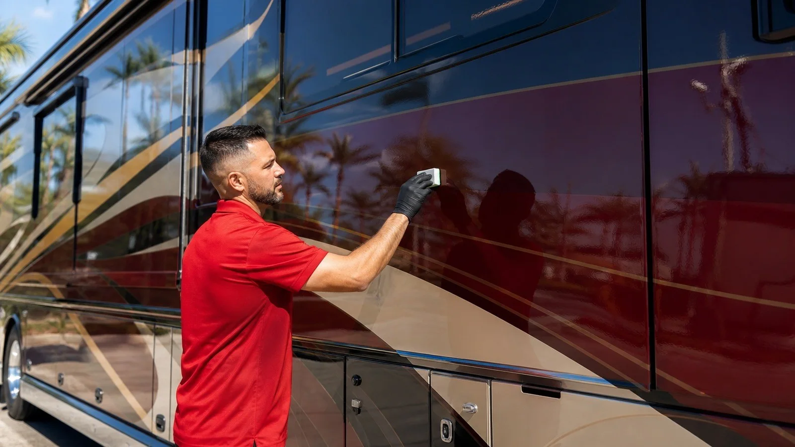Leoserve technician in red shirt applying ceramic coating to a Class A motorcoach panel with a foam applicator block
