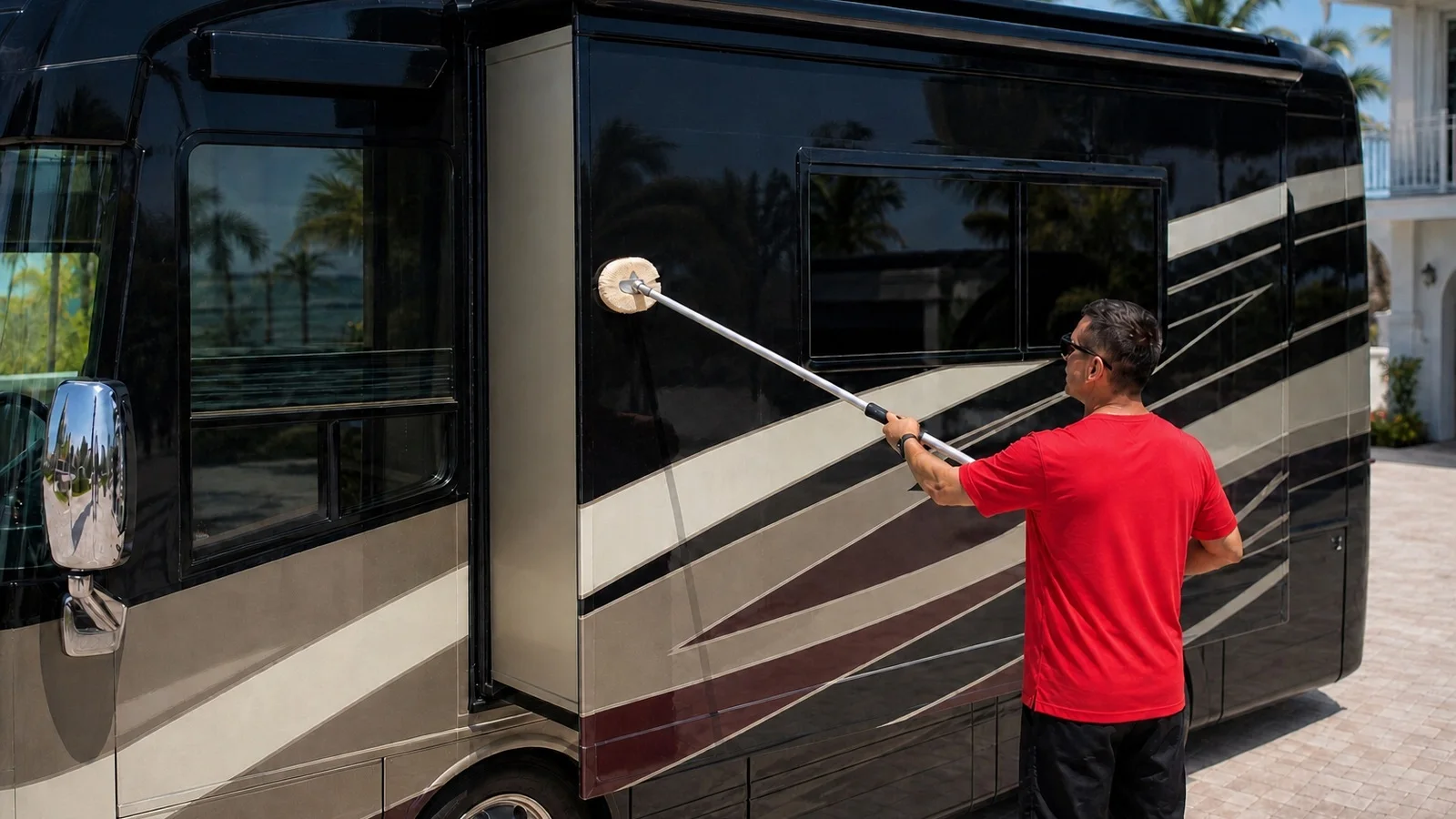 Leoserve technician in a plain red shirt uses a soft, bristle-free wash pad on a telescoping pole to clean the painted outer side panel of an extended slide-out.