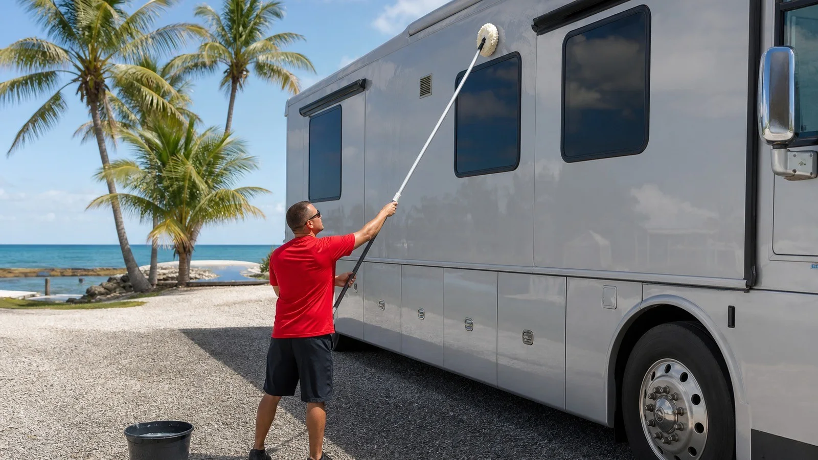 Leoserve technician in solid red shirt using a wool wash pad on a telescoping extension pole to reach the upper sidewall of a Class A motorcoach